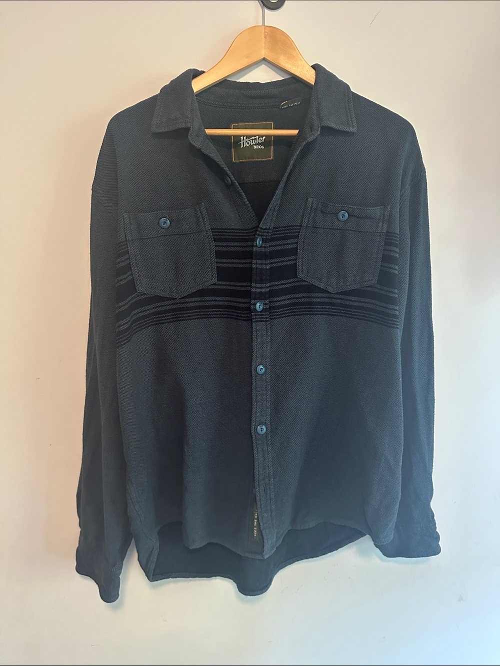 Howler Brothers Navy Button-Down Shirt with Black Stripe Detail 100% Cotton